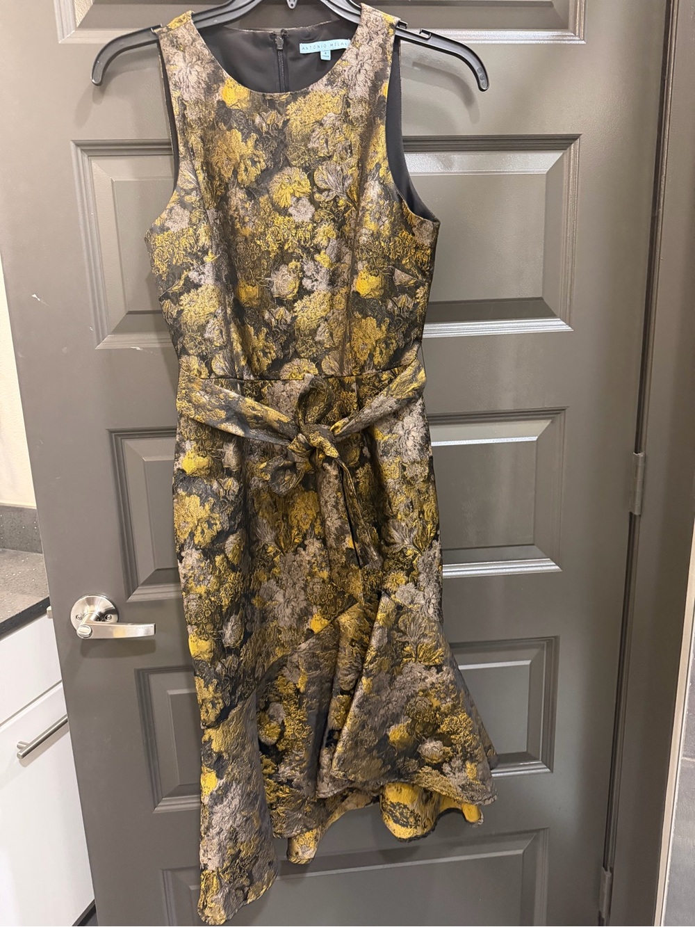 ANTONIO MELANI Yellow and Gray Floral Jacquard Midi Dress